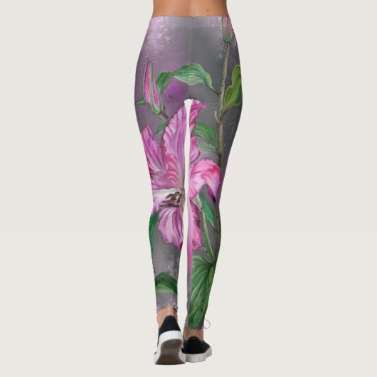 Lila Rosa Lily Blume Migned Art Malerei Leggings (Rückseite)