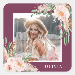 Lila Rosa Mädchen Blumen Foto Geburtstagsgeschenk Quadratischer Aufkleber