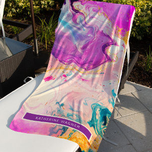 Lila Rosa Marmor Fluid Art Monogramm Strandtuch