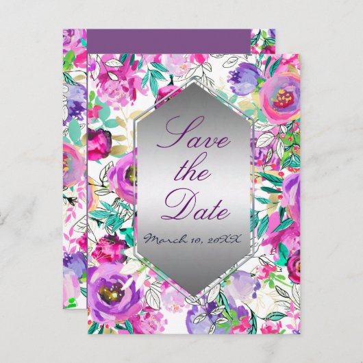 Lila rosa Moderne Blumenhochzeit rettet das Datum Ankündigungspostkarte (Vorne/Hinten)