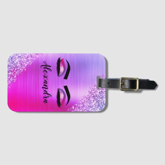 Lila rosa Monogramm Glitzer Eyelashes Gepäckanhänger (Vorderseite (Horizontal))