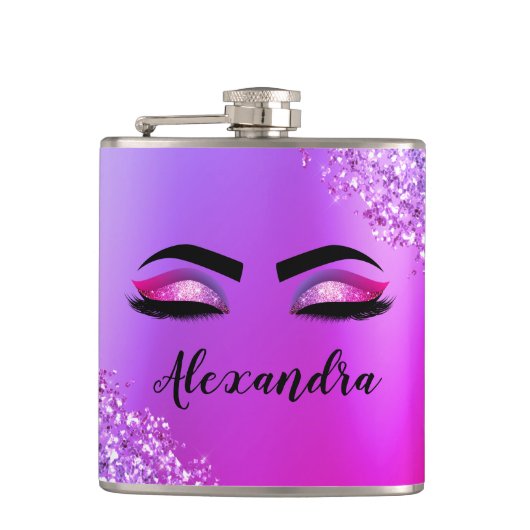 Lila rosa Monogramm Glitzer Eyelashes Modernität Flachmann (Vorderseite)