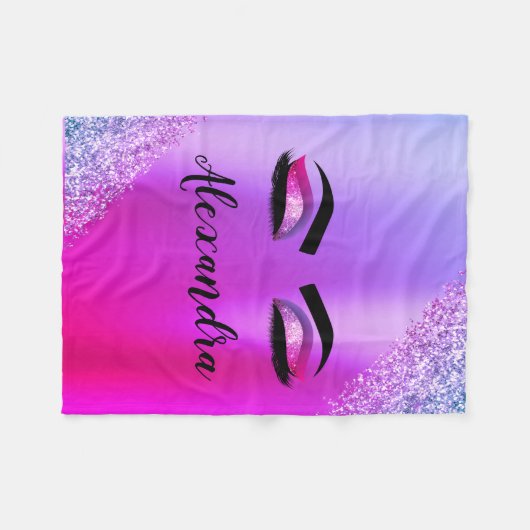 Lila rosa Monogramm Glitzer Eyelashes Modernität Fleecedecke (Vorderseite (Horizontal))