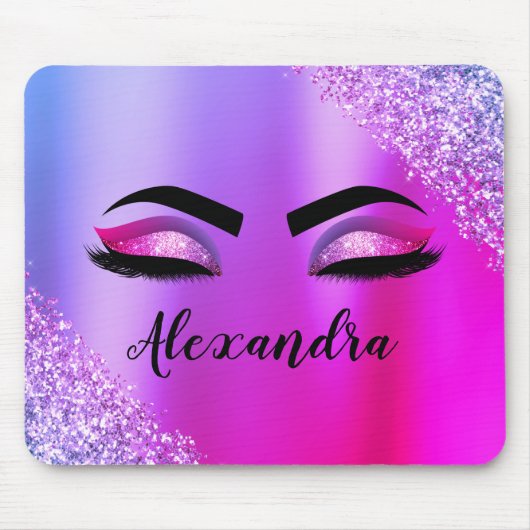 Lila rosa Monogramm Glitzer Eyelashes Modernität Mousepad (Vorne)