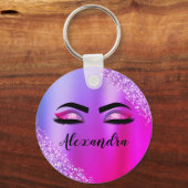 Lila rosa Monogramm Glitzer Eyelashes Modernität Schlüsselanhänger (Vorderseite)