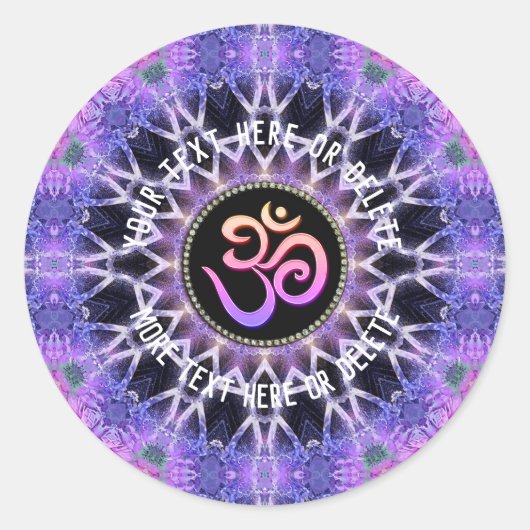 Lila Rosa Om Mandala mit abgerundetem Text Runder Aufkleber (Vorderseite)