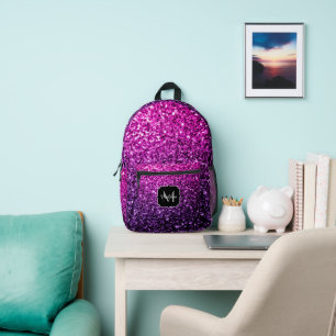 Lila rosa Ombre-falscher Glitter funkelt Monogramm Bedruckter Rucksack