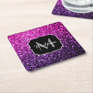 Lila Rosa Ombre falscher Glitter funkelt Monogramm Rechteckiger Pappuntersetzer
