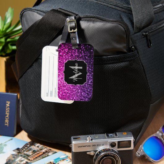 Lila Rosa Ombre Imitate Glitzer Glitzern Monogram Gepäckanhänger (Vorderseite & Rückseite)