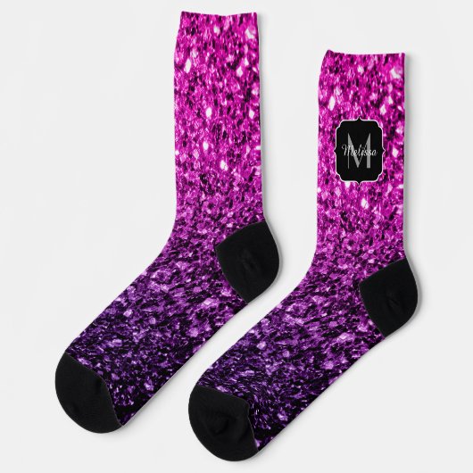 Lila Rosa Ombre Imitate Glitzer Glitzern Monogram Socken (Linkes Detail)