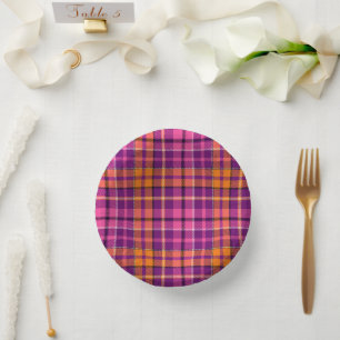 Lila Rosa Orange Karo Tartan Design Pappteller