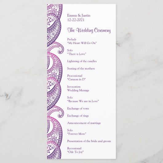 Lila & rosa Paisley Indian Wedding Rackcard Programm (Rückseite)