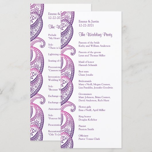 Lila & rosa Paisley Indian Wedding Rackcard Programm (Vorne/Hinten)