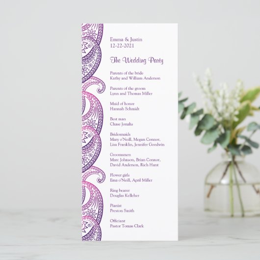 Lila & rosa Paisley Indian Wedding Rackcard Programm (Stehend Vorderseite)