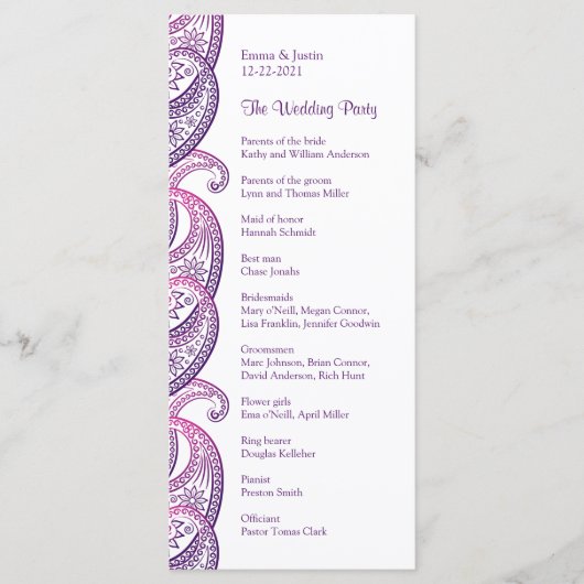 Lila & rosa Paisley Indian Wedding Rackcard Programm (Vorderseite)
