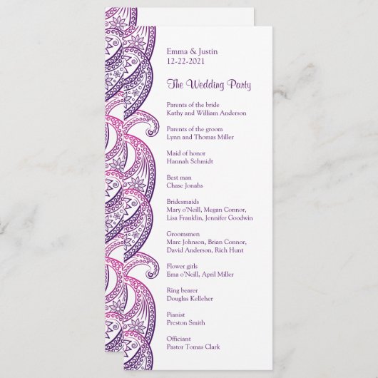 Lila & rosa Paisley Traditionelle indische Hochzei Programm