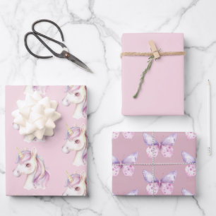 Lila Rosa Pink Einhorn Geburtstag Geschenkpapier Set