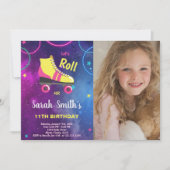 Lila Rosa Roller Skaten Einladungen mit Foto (Vorderseite)