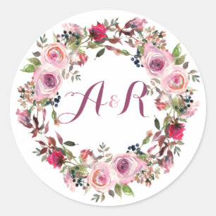 Lila Rosa-Rose-Monogramm-Hochzeit Runder Aufkleber