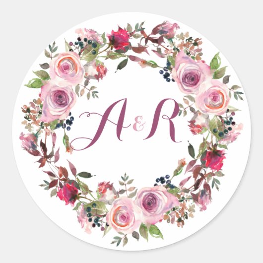 Lila Rosa-Rose-Monogramm-Hochzeit Runder Aufkleber (Vorderseite)