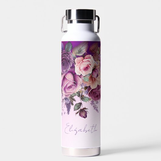 Lila rosa Rosen elegant personalisiert Trinkflasche (Vorne)