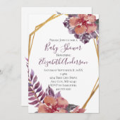 Lila rosa Rot Floral Gold Rahmen Baby Dusche Einladung (Vorne/Hinten)