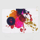 Lila rosa Rot-Gold-Nailpolis-Spritzer-Monogramm Golfhandtuch (Horizontal)