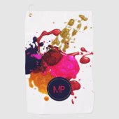 Lila rosa Rot-Gold-Nailpolis-Spritzer-Monogramm Golfhandtuch (Vorderseite)