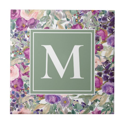 Lila Rosa-Sage Grüne Boho-Blume Fliese (Vorderseite)