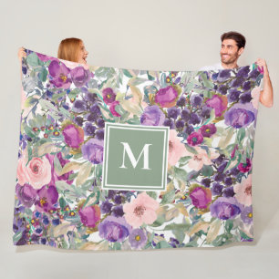 Lila Rosa Salbei Grün Boho Blumen Monogramm Fleecedecke