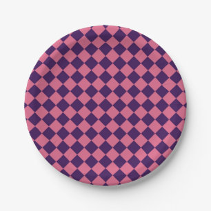 Lila Rosa Schachbrett-Diamant-Muster Pappteller