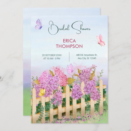 Lila Rosa Schmetterlinge Gartengarten Brautparty Einladung (Vorne/Hinten)