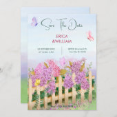 Lila Rosa Schmetterlinge Hochzeit Garten Save The Date (Vorne/Hinten)