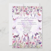 Lila Rosa Schmetterlinge & Wildblumen Kinderdusche Einladung (Vorderseite)