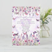 Lila Rosa Schmetterlinge & Wildblumen Kinderdusche Einladung (Stehend Vorderseite)