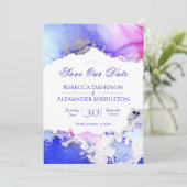 Lila-rosa-silberne Abstrakte Hochzeit Save The Date (Stehend Vorderseite)