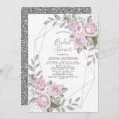 Lila rosa Silver Glitzer Geometrisches Brautparty Einladung (Vorne/Hinten)