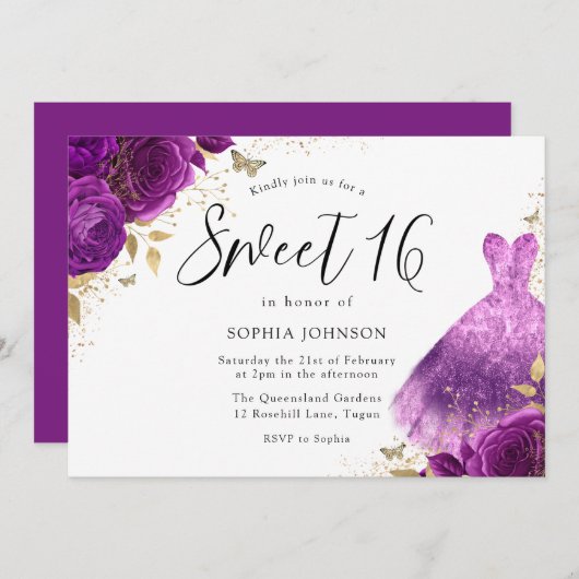 Lila rosa Sparkle Dress Rose Sweet 16 Party Einladung (Vorne/Hinten)