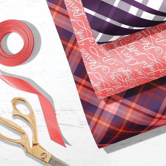 Lila & rosa Tartan Karierte Weihnachtstypografie Geschenkpapier Set