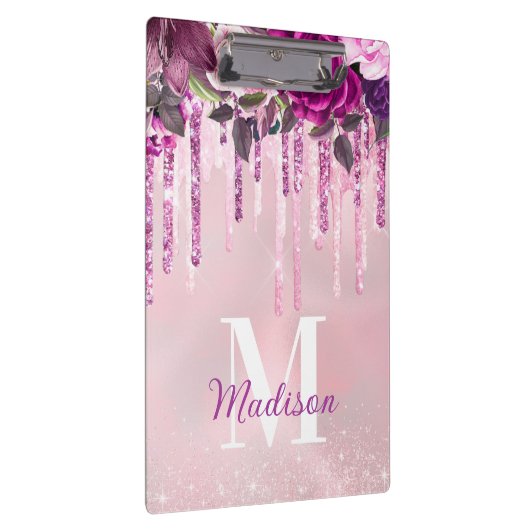 Lila rosa tropfende Glitzer, Monogramm Klemmbrett (Rechts)