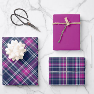 Lila, rosa und blau Kariert Geschenkpapier Set