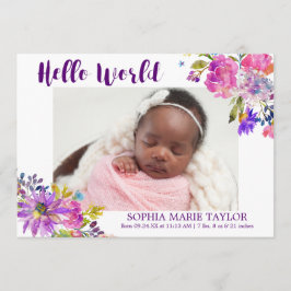 Lila Rosa und Blaue Blume Foto Geburtsankündigung Ankündigung