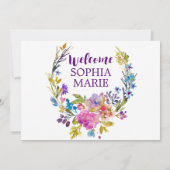 Lila Rosa und Blaue Blume Foto Geburtsankündigung Ankündigung (Rückseite)