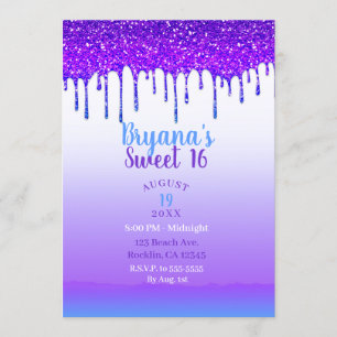 Lila Rosa und Blaue Glitter-Drip Sweet 16 Party Einladung