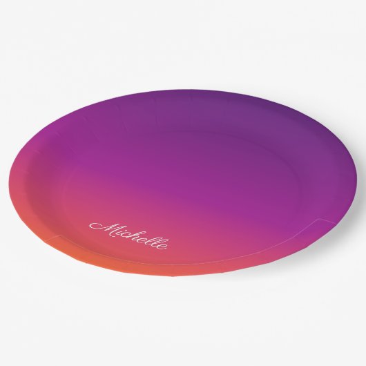 Lila, rosa und orangefarbene Farbvarianten Pappteller (Schrägansicht)