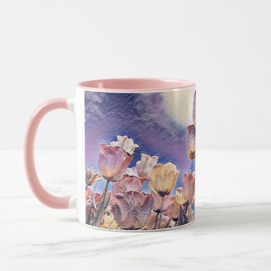 Lila, rosa und orangefarbene Tulpen Zwei-Tone-Kaff Tasse (Links)
