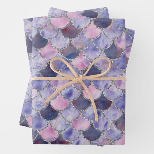 Lila, rosa und silberne Meerjungenskala Geschenkpapier Set (Beispiel)