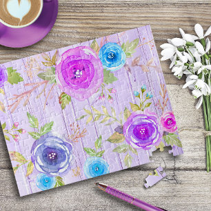 Lila rosa vintage Blumen Watercolor rustikales Hol Puzzle