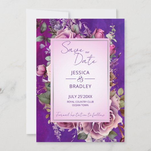 Lila rosa Vintage Rose Save The Date (Vorderseite)
