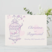 Lila Rosa Vögel im offenen Käfig Einladung (Stehend Vorderseite)